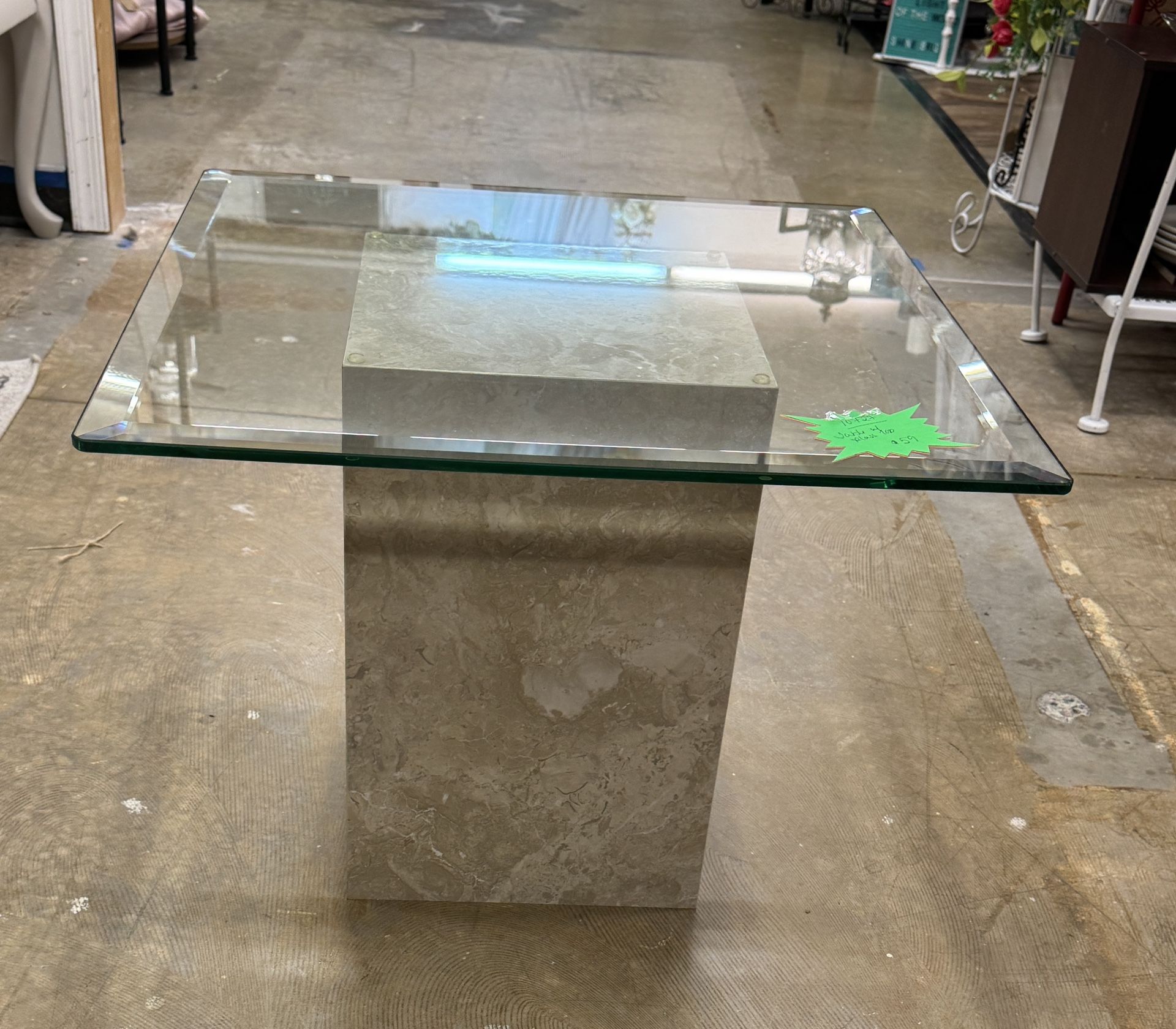 End Table Marble Type Base Glass Top