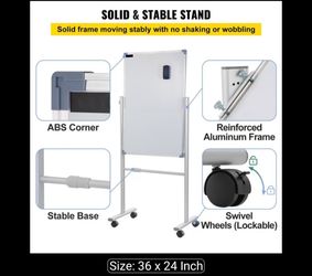 VEVOR Mobile Magnetic Whiteboard, 36 x 24 Inch, Double Sided, 360 Degree Reversible Rolling Dry Erase Board, Height Adjustable with Aluminum Frame and