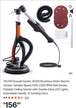 VEVOR Drywall Sander, 800W Brushless Motor Electric Sander, Variable Speed 1000-2300 RPM Wall Sander, Foldable Ceiling Sander with Double-Deck LED Lig