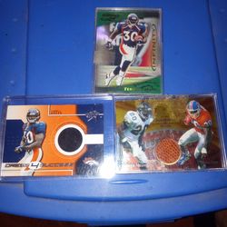 Three Rare Terrell Davis Memorabilia cards. Game used shoe, playoff football