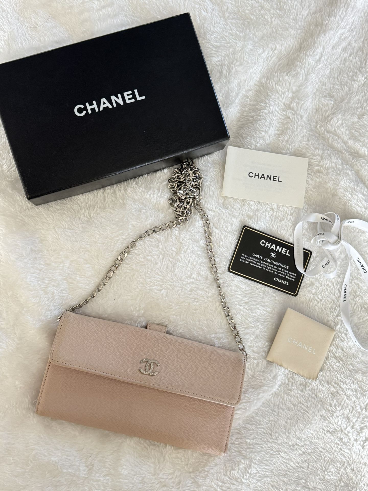 Authentic Chanel Coco Mark Sevruga Caviar Skin Flap Long Wallet On Chain Pink