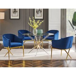Art Deco Blue Velvet Chairs 5 piece Round Dining Table Set