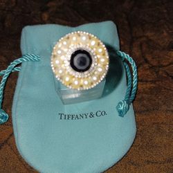  Tiffany Estate Cultured Pearl And Onyx  Ziegfeld Ring
