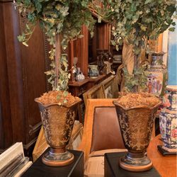 Beautiful Pair Of Hand painted Urns Wth Topiary Plants