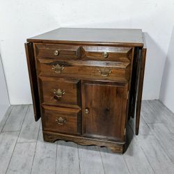 Vintage Rustic Farmhouse solid Pine Wood Drop Leaf Sewing Cabinet Table Cart