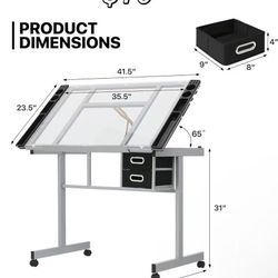 😀 Drafting Table on Wheels with Storage & Side Tray - Adjustable 0-65° Glass Tabletop, Replaceable Feet Art Desk