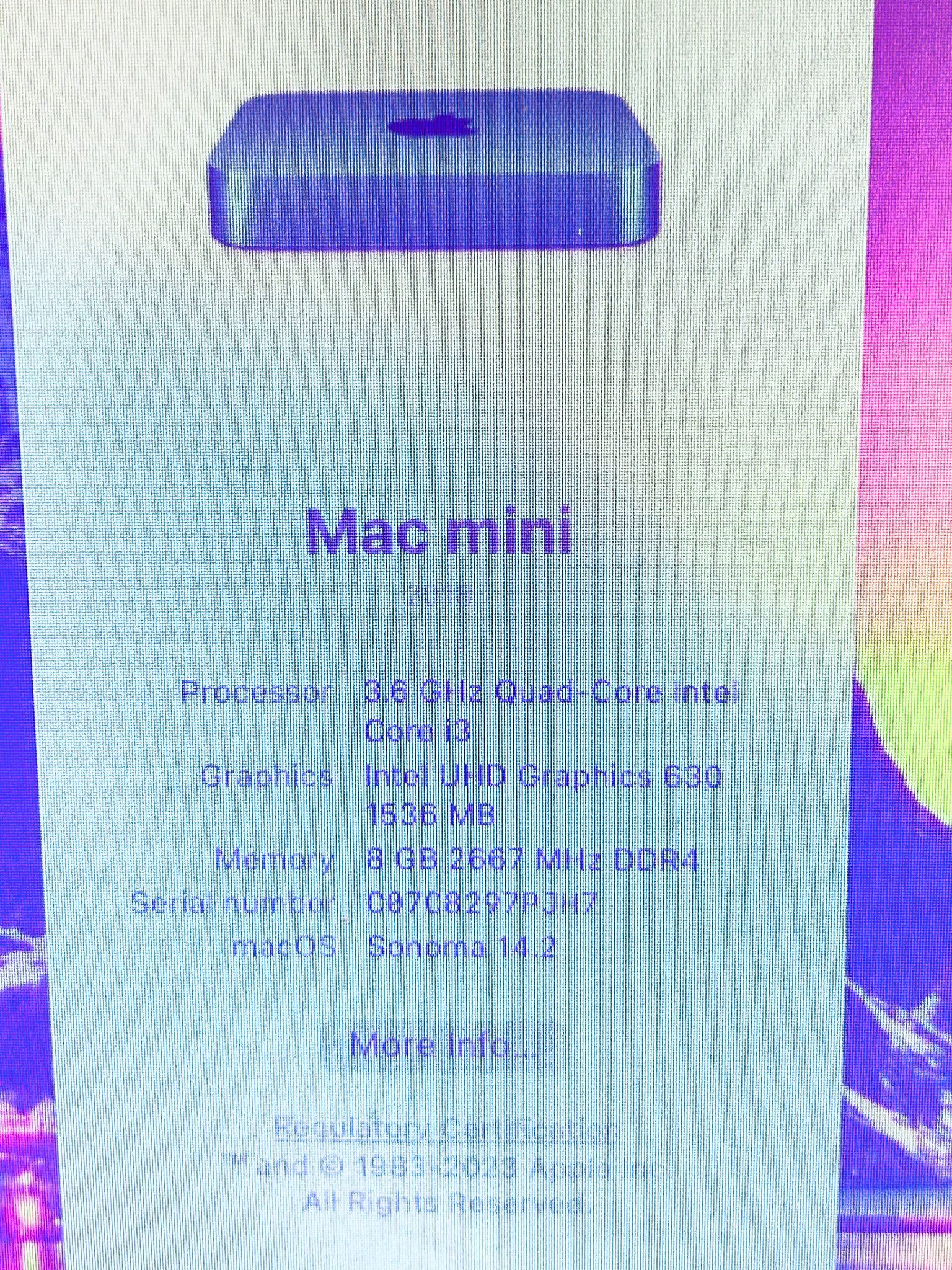 Apple Mac Mini 2018 3.6Ghz QuadCore i3 8GB 256GB OS SONOMA Four
