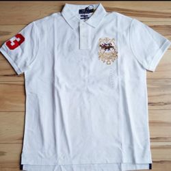 Polo Ralph Lauren Triple Pony Players Horse Racing Embroidered White Polo Mesh Shirt, Size 2XB 