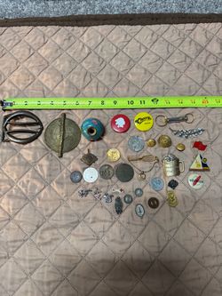 Vintage Estate Junk Drawer Lot - 1930s German Tin Globe Sharpener, African Brass Pendant, Cheers Boston Pin, Military Buttons, Tokens & Charms