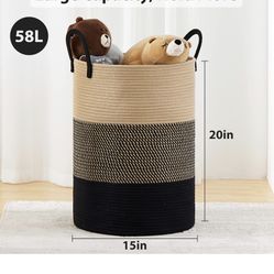 Fiona's magic 58L Large Woven Laundry Hamper, Tall Cotton Rope Laundry Basket, Boho Storage Basket for Blankets, Toys and Clothes Hamper for Bedroom a