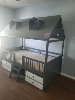 Kids Twin House Loft Bed Frame with Storage Drawers & Ladder – Dark Gray