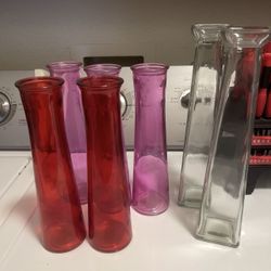 7 decor flower vases in red, pink and clear glass