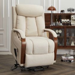 Irene House 9185 Dual Motor Lift Chair Recliner for Elderly Electric Power Small Sofa with Heat and Massage Wooden Armrests and 2 Side Pockets (Cotton