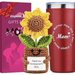 Birthday Gifts for Mom from Daughter Son,Mom Gifts Set w/Handmade Crochet Sunflower & Insulated Tumbler,Cool Women Gifts Ideas for Mothers Day,Unique 