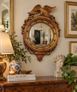 Vintage Syroc Federal Style Gold Eagle Convex Wall Hanging Mirror Lightweight Resin Ornate Bullseye Collectible Mid Century Wall Art 