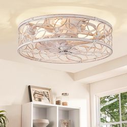LEDIARY Caged Ceiling Fans With Lights, White Flush Mount Ceiling Fan With Remote&App, Small Low Profile Bladeless Ceiling Fan Light Fixture For Bedro