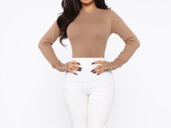 Tan Long Sleeve Knit with Pearl Cuffs -Size XL