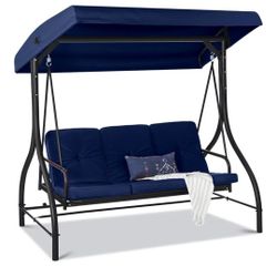3-Seat Outdoor Large Converting Canopy Swing Glider, Patio Hammock Lounge Chair for Porch, Backyard w/Flatbed, Adjustable Shade, Removable Cushions - 