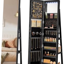 6 LEDs Lockable Mirror Jewelry Cabinet, 360° Swivel Jewelry Organizer Armoire Standing, Frameless Full-Length Mirror, 3 Storage Shelves, B