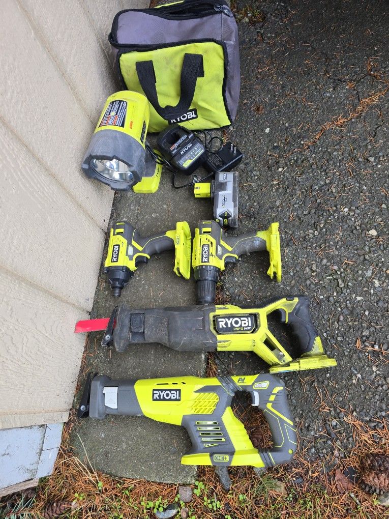RYOBI 18V SET , DRILL , IMPACT DRIVER, SAWZALL  CHARGER AND 18V 4AH BATTERY 