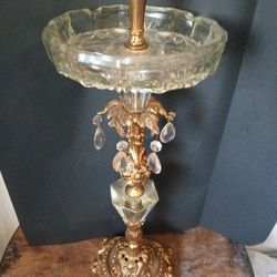 Vintage 1970's L&L WMC Hollywood Regency Crystal Glass and Cast Brass Floor Smoke Stand (24" tall)