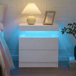 Cubehom LED Nightstands with 2 Drawers, End Table with RGB LED Lights for Bedroom Living Room, White Bedside Table