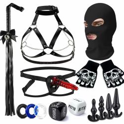 Wearable Bondage Kit Set, 16 PCS Restraints Set with Adjustable Harness, Cuffs, Blindfold and Accessories, Durable and Easy to Use (Red)
