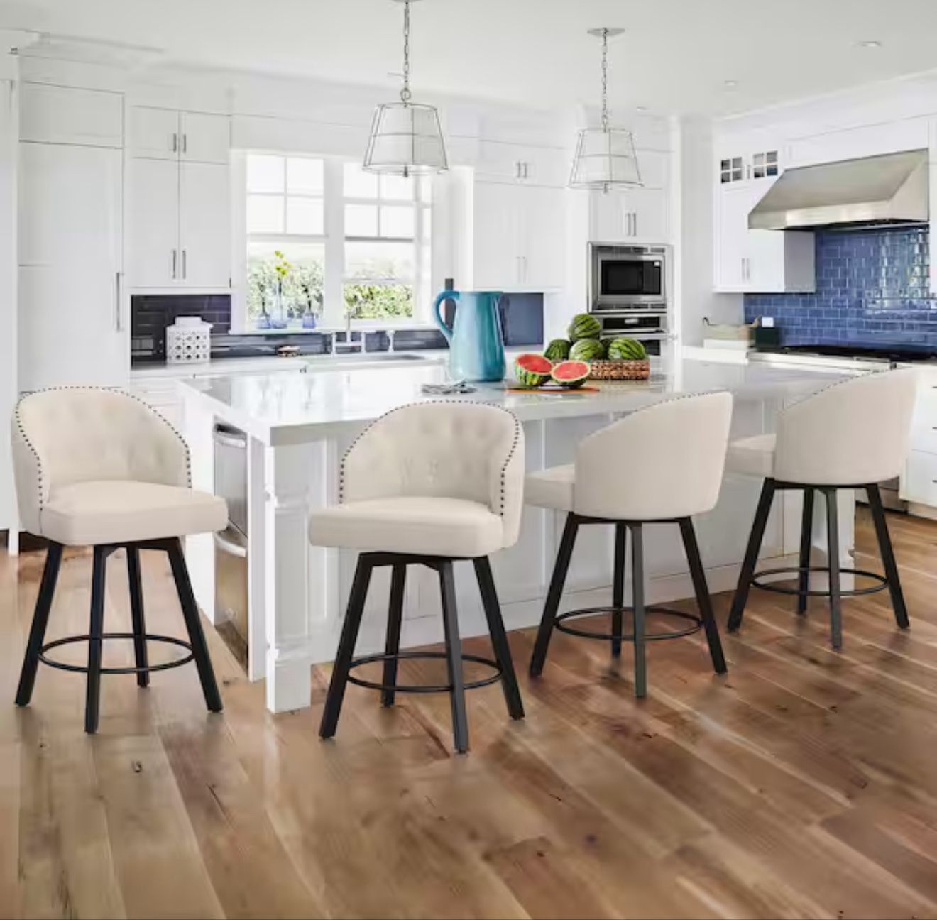 Arturo 26 in.Linen Fabric Upholstered Swivel Bar Stool with Metal Frame Nailhead Counter Barstool Set of 4