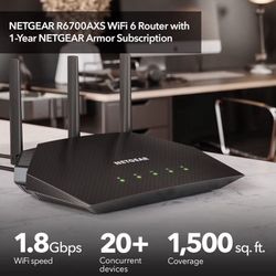 NETGEAR 4-Stream 6 Router (R6700AXS) – with 1-Year Armor Cybersecurity Subscription - AX1800 Wireless Speed (Up to 1.8 Gbps) | Coverage up to 1,500 sq
