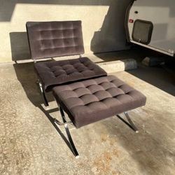 barcelona chair style chair-ottoman pair gray cloth