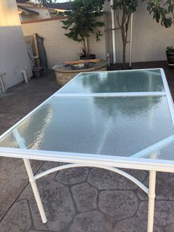 Glass Outdoor table. White frame with Umbrella Hole
