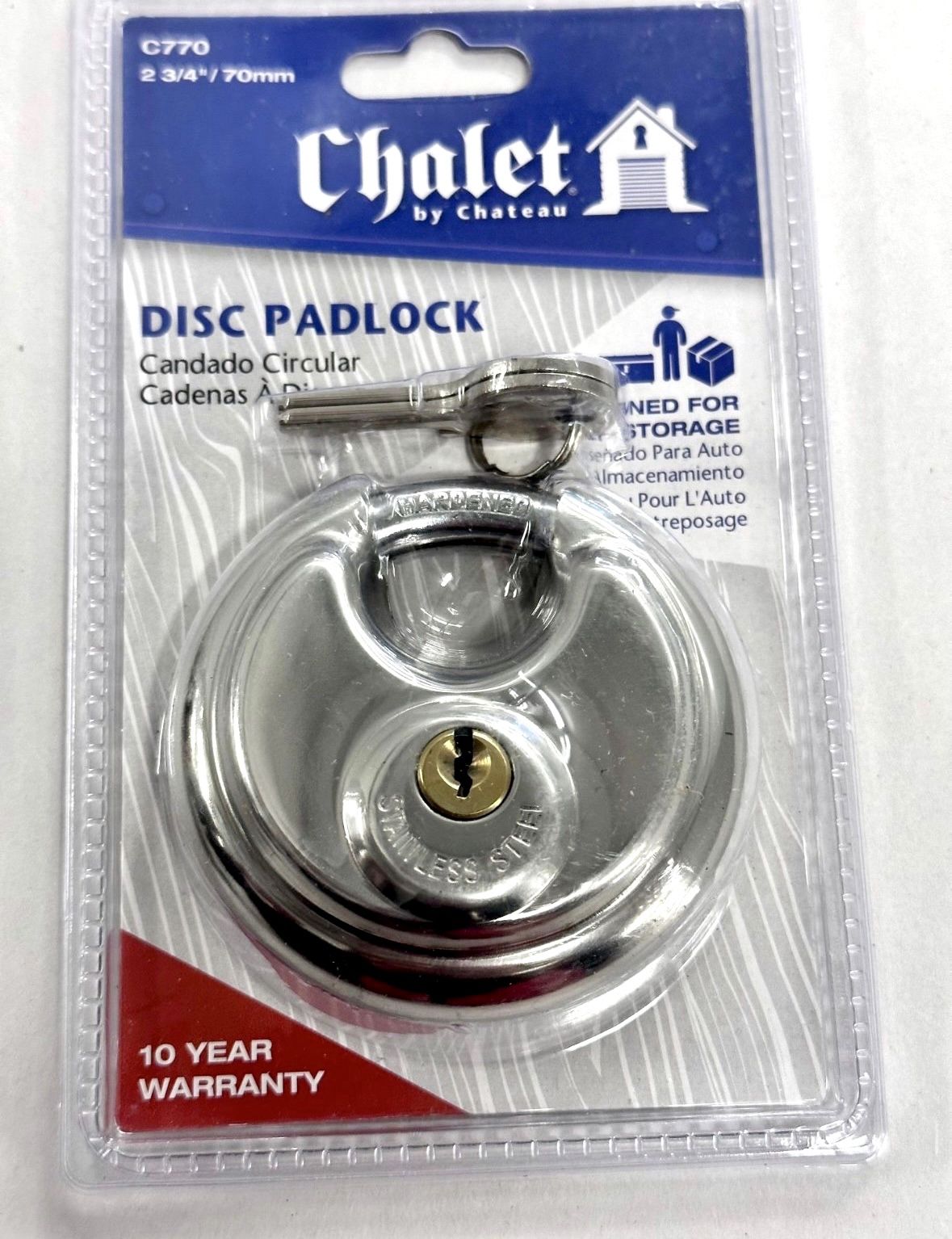 Disc Padlock Brand New Stainless 2 3/4 W 2 Keys 70mm Chalet By Chateau