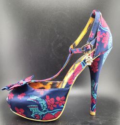 Iron Fist Floral Skull Heels Navy Blue Pink Teal w Bow & Buckle Strap