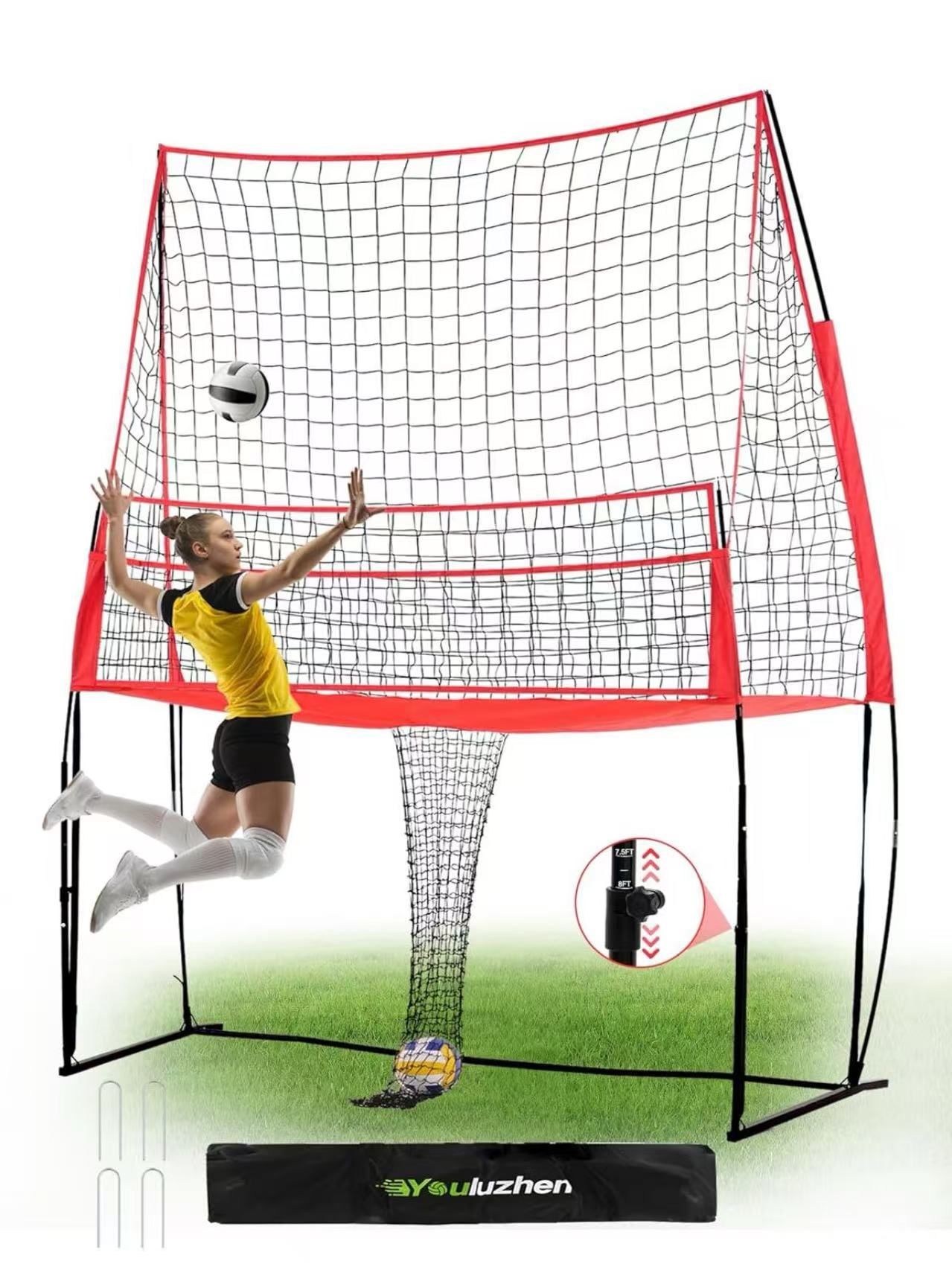 2-in-1 Volleyball Training Equipment Net System, 6.5-8 ft Height Adjustable, 8x11 ft Volleyball Practice Net Station for Backyard Outdoor Indoor, Spik