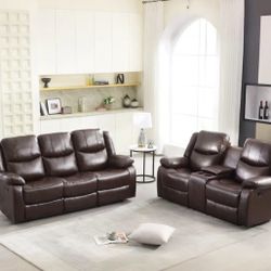 Brown Leather Fully Reclining Couch And Love Seat 