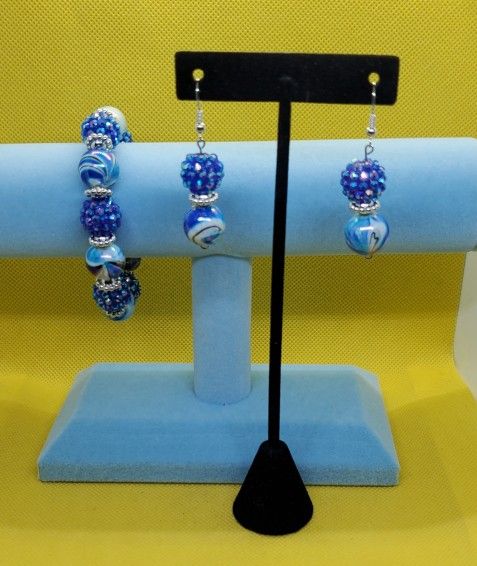 Blue Beautiful Hand Made Set Bracelet and Earrings 