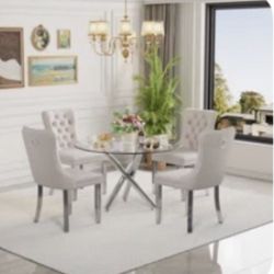 Modern Glass Dining Table Set – 4 Velvet Tufted Chairs (Cream)
