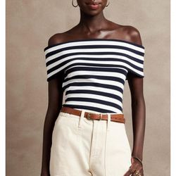 Banana Republic Off-Shoulder Ribbed Navy&White Top S Size