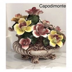 Large Floral Flower Porcelain Vintage Capodimonte Piece Roses Center Piece Made In Italy