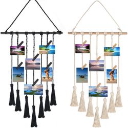Yesland 2 Pack Hanging Photo Display with 50 Wood Clips, Macrame Wall Hanging Pictures Organizer, Boho Wall Decor for Home Office Nursery Room Dorm Ne