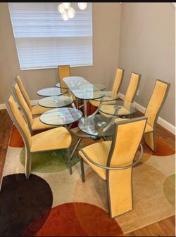 Vintage 1980s Glass Dining Table with 8 chairs