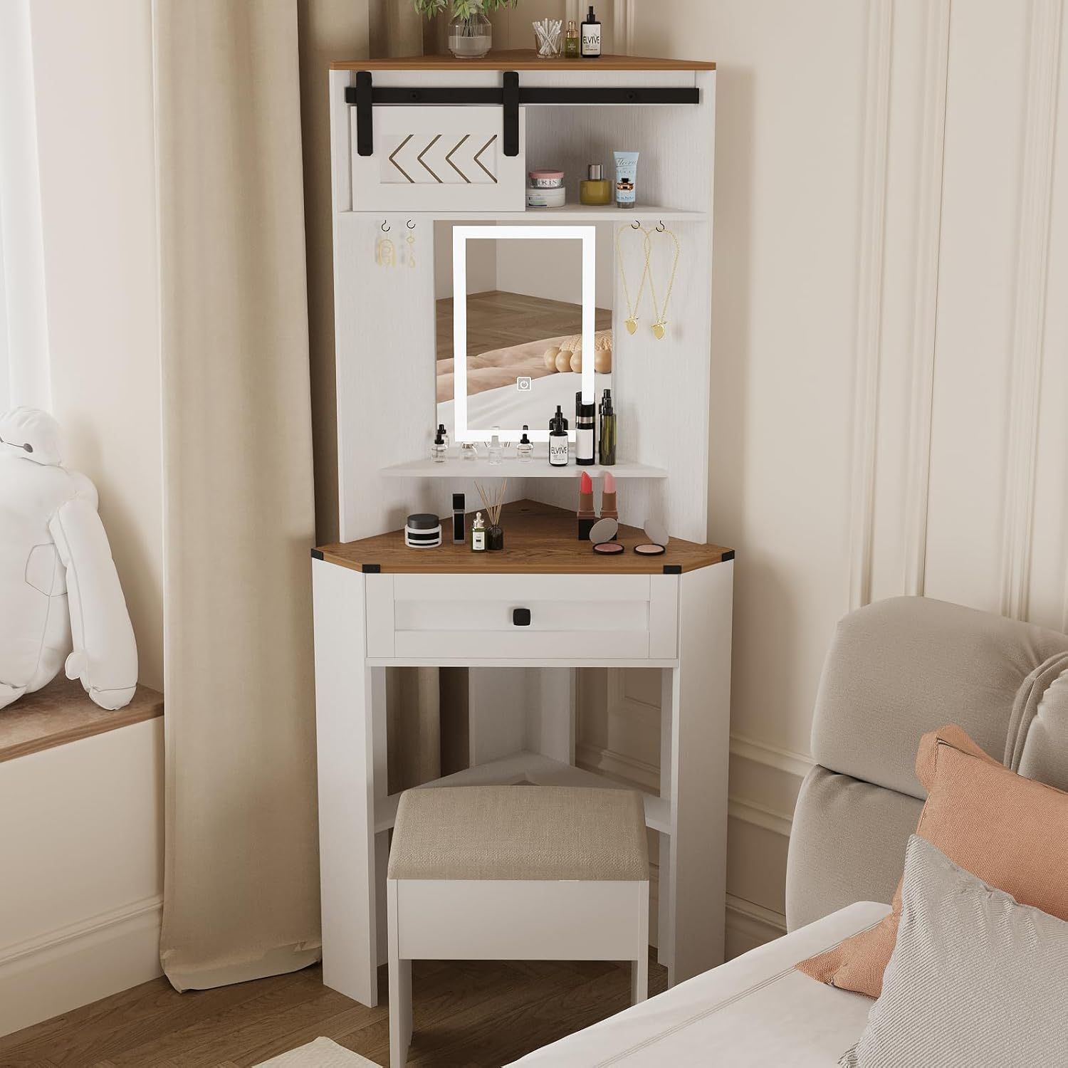 Small Vanity Desk Set with Lights and Mirror Makeup Vanities with Drawers for Corner Space White Farmhouse Make up Dressing Table with Storage Stool f