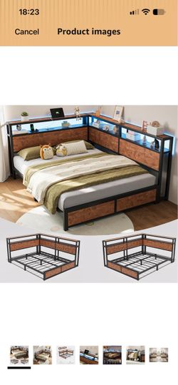 CIKUNASI Queen Corner Bed Frame with Headboard and Storage Bookcase Queen Size Daybed Bed Frame with LED Lights and Charging Station for Kids Heavy Du