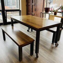 Artisan Oak & Brushed Steel Dining Table With Benches