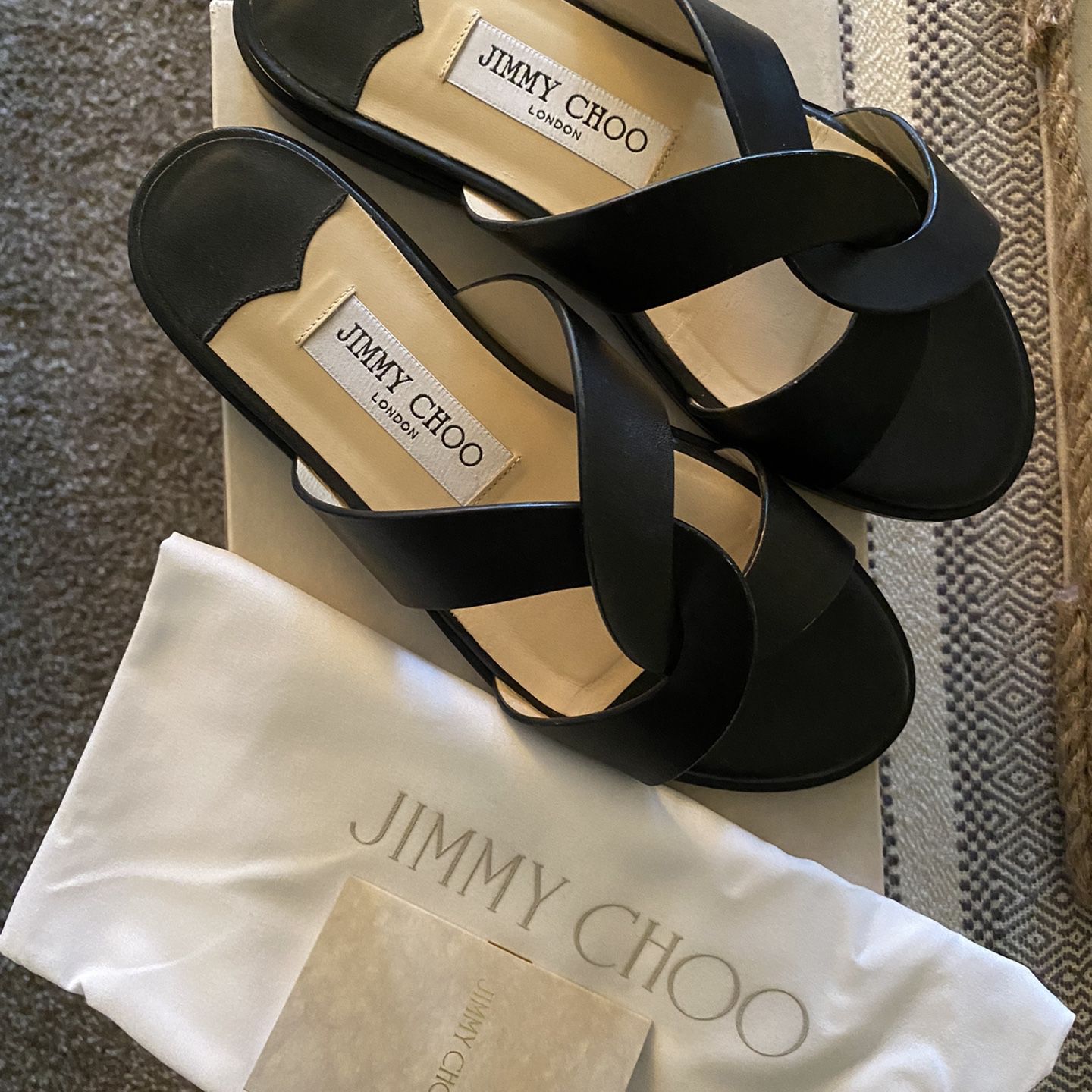 Jimmy Choo Black Leather Flat Sandals Size 35