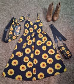 Outfits, dress, shoes, bags, purses, water bottle, fanny pack.