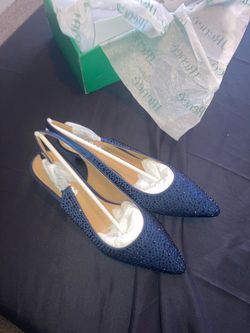 Navy Blue Rhinestone Slingback Pointed-Toe Flats