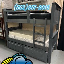 Triple Twin Grey Bunk Bed With Mattresses Colchones Trundle New  