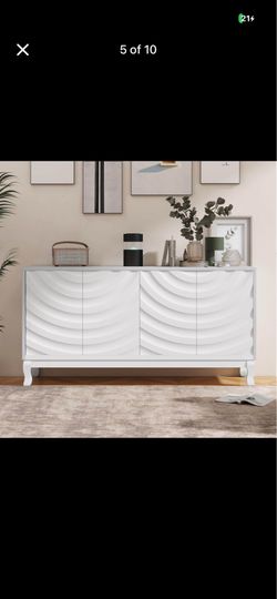 Modern 4-Door Sideboard Featuring Sophisticated Wavy Pattern Doors with Arched Groove Design Suitable for Study Entryway and Living Room White