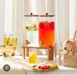 Drink Dispensers for Parties, 2 PCS 2 Gallon Glass Beverage Dispenser With Wood Stand and Stainless Steel Spigot, Glass Juice Dispenser with Labels fo
